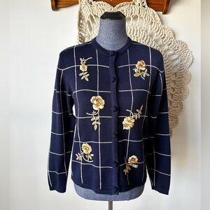 Susan Bristol Vintage 90s Navy Blue Floral Embroidered Wool Blend Cardigan M